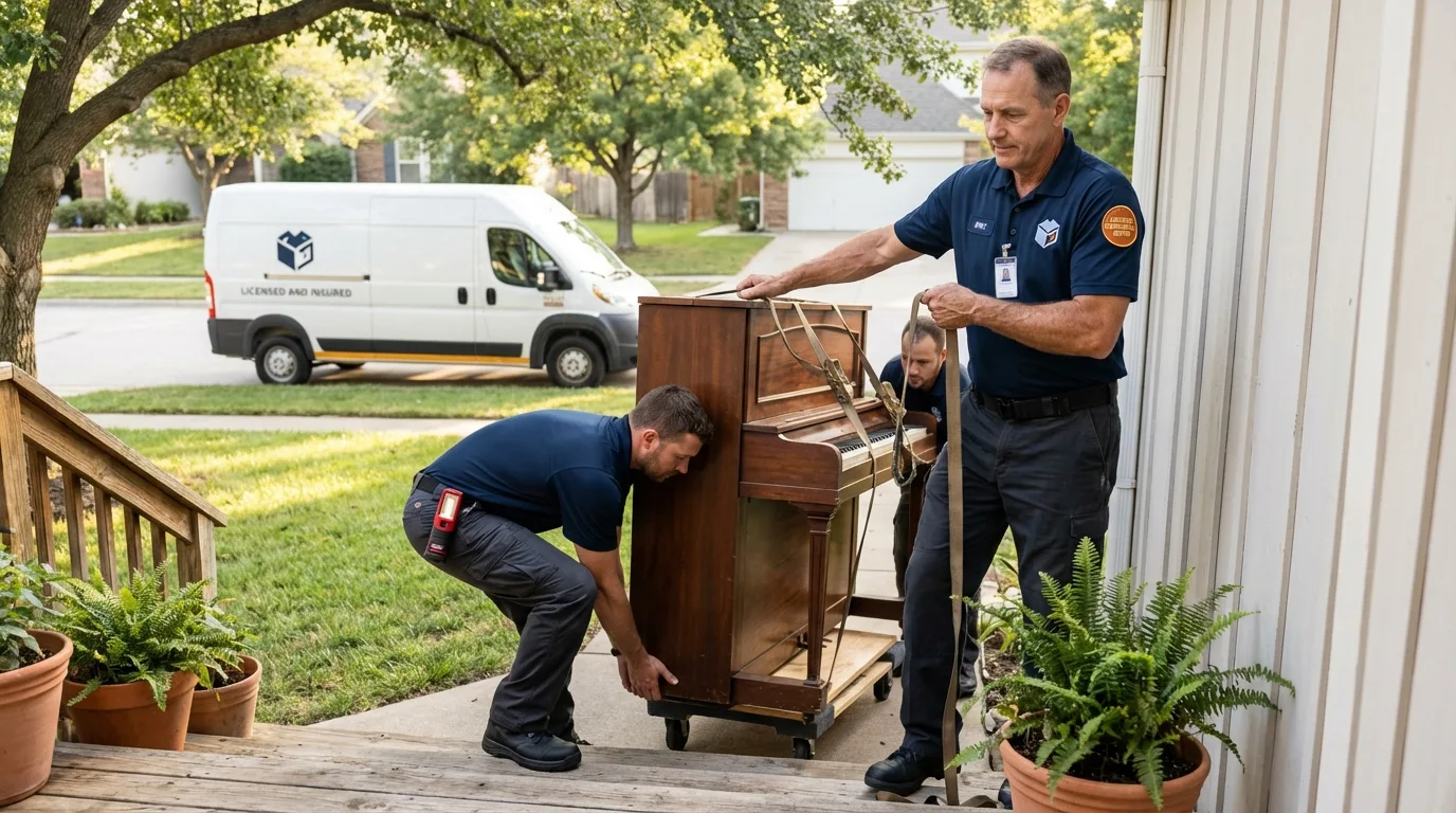 Licensed piano movers securing grand piano in Marcus Hook, PA