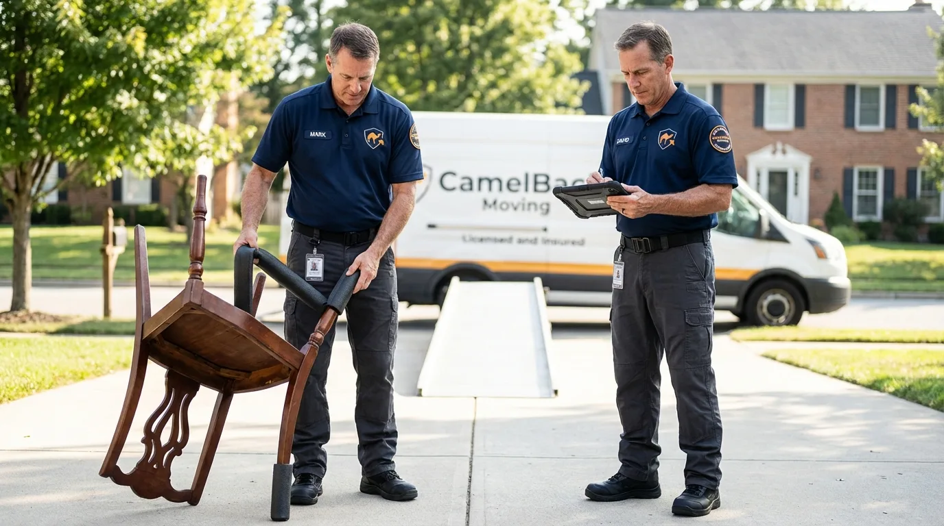Movers inspecting furniture for damage prevention before loading in Marcus Hook, PA