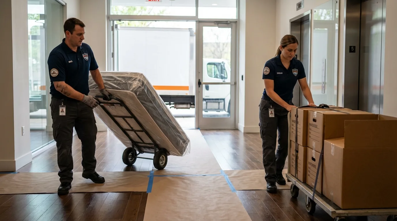 Professional apartment movers loading elevator in Marcus Hook, PA